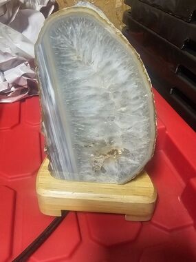 Natural White Agate Crystal Lamp on Wooden Base